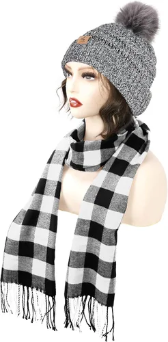 Vista 2 de Winter Hat Scarf Gloves and Ear Warmer, Knit Warm Beanie Hat Touch Screen Gloves Long Knitted Plaid Scarf Set Gifts for Women