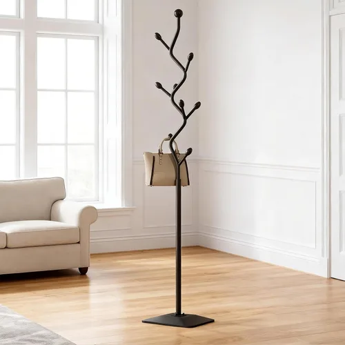 Vista 3 de Perchero con forma de árbol, árbol de abrigos independiente con 8 ganchos y base de metal resistente para abrigos, sombreros y bolsos, soporte
