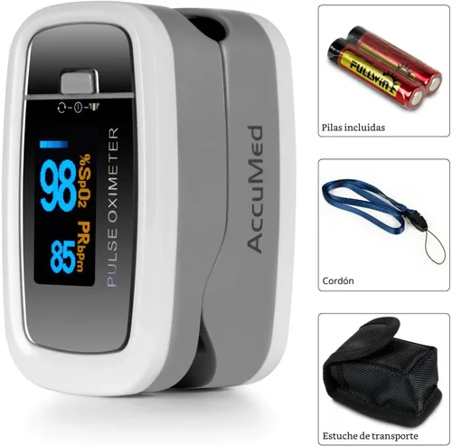 Vista 3 de AccuMed CMS-50D1 Medidor de pulso y oxígeno en sangre para dedo SpO2 Monitor con estuche para transportar. correa y batería Aprobado por la FDA CE.