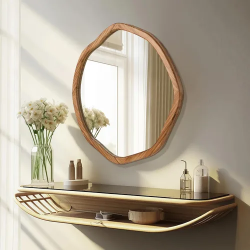 Vista 3 de ULIKE Espejo redondo de madera, espejo de pared circular irregular de 24 pulgadas con marco de madera, soporte de pared decorativo rústico