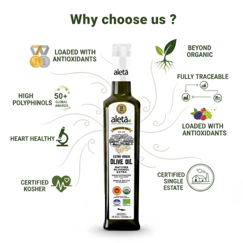 Vista 2 de Aleta Farms, Aceite de oliva virgen extra orgánico, DOP griego de una sola finca, primera prensa en frío, premio de oro 2025, botella de vidrio