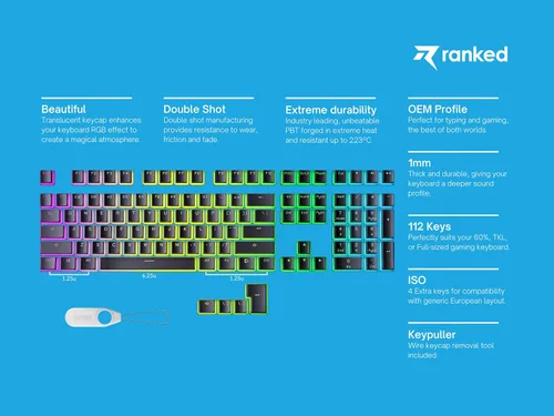 Vista 2 de Ranked Teclas Pudding PBT 112 Juego de teclas de doble disparo translúcidas ANSI EE. UU. e ISO Perfil OEM para teclado mecánico RGB de juego