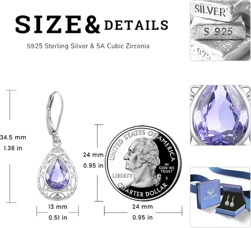 Vista 326 de Aretes colgantes de plata de ley con diseño de árbol de la vida, flor, abeja, animales, gato, colibrí, piedra lunar, turquesa, aretes con cierre