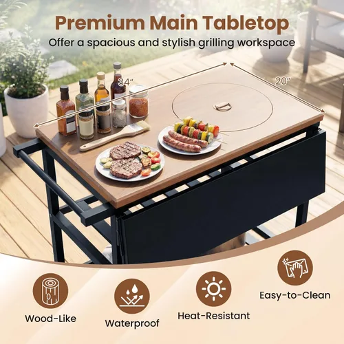 Vista 5 de HAPPYGRILL Carrito de parrilla al aire libre, mesa móvil de preparación de alimentos con parrilla de carbón coreano, panel lateral plegable, 2