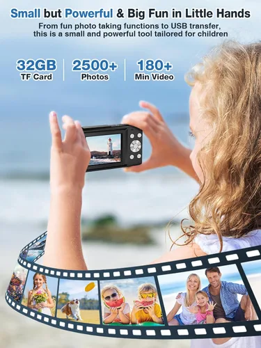 Vista 6 de Cámara digital, FHD 1080P para niños, cámara digital de 44 MP para apuntar y disparar con tarjeta de 32 GB, zoom de 16X, antivibración, sello
