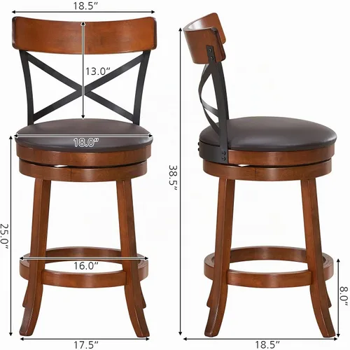 Vista 3 de COSTWAY Juego de 2 taburetes de bar giratorios de madera maciza de 360 grados con cojín suave y respaldo, taburetes de bar de cocina de 25 pulgadas