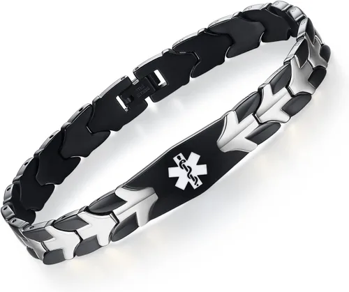 Vista 2 de LinnaLove Pulseras de alerta médica de pez volador para hombres y mujeres, pulseras médicas de acero inoxidable con grabado gratis, 8.5 pulgadas