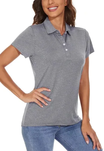 Vista 2 de BIYLACLESEN Polo para mujer, de manga corta, 4 botones, de secado rápido