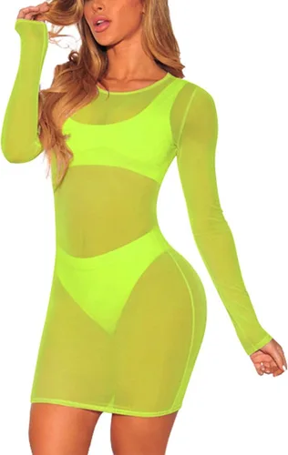 Vista 3 de COCOLEGGINGS Vestido de playa de manga larga de malla transparente para mujer