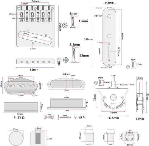 Vista 2 de Placa de puente de silla de montar de guitarra cargada Alnico V, placa de control de guitarra eléctrica con interruptor de 3 vías, juego de pastilla