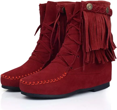 Vista 6 de Classic Fringe Moccasin Boots Ankle High Women Low Heel Booties