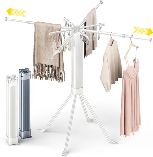 Vista 9 de BIREN Tendedero de Ropa Plegable Extensible Tendedero de Lavandería con 16 Clips Tendedero de Ropa Plegable que Ahorra Espacio para Colgar Ropa