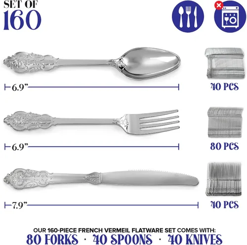 Vista 2 de Juego de cubiertos de plástico plateado de 160 piezas, 80 tenedores, 40 cucharas, 40 cuchillos, utensilios desechables resistentes, cubiertos