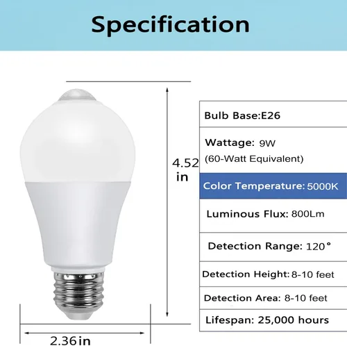 Vista 11 de Bombillas con sensor de movimiento, 9 W (equivalente a 60 W) A19 E26 5000 K, detector de movimiento, bombillas de seguridad activadas