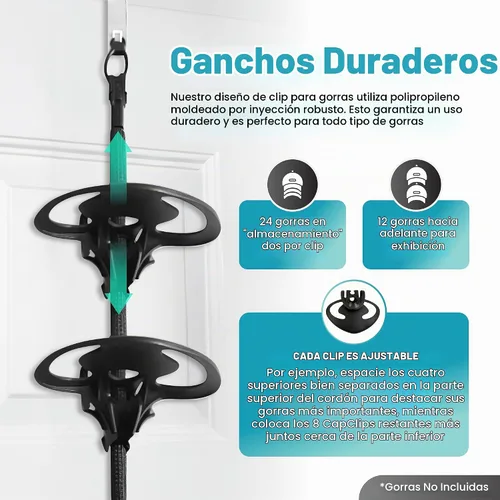 Vista 2 de Organizador de gorras de béisbol con 36 ganchos, Household Materials Perfect Curve Cap Rack System 36 with 12 Clips – Adjustable Hat Storage for