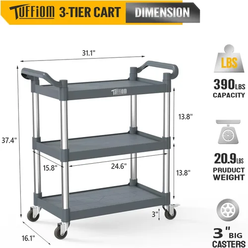 Vista 24 de TUFFIOM Carrito de servicio de plástico de 3 niveles con ruedas, resistente capacidad de 390 libras, rodante comercial, ideal para restaurantes