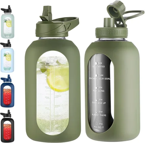 Vista 7 de EALGRO Botella de agua de vidrio de 32 onzas con popote y asa, frasco de agua motivacional deportivo con funda de silicona, taza grande a prueba