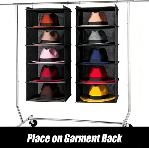 Vista 5 de LADYBRO Oxford Cloth Hat Rack for Closet, 10-Shelf Organizer for Fedora, Sunhat, Cowboy, Baseball Cap, 2 Separate 5-Shelf, Hanging for Storage or