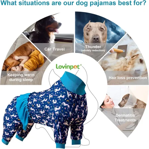 Vista 4 de LovinPet Pijamas Grandes para Perros – Camisa de unicornio para perro, mameluco de recuperación poscirugía, sirenas y unicornios estampado Azul