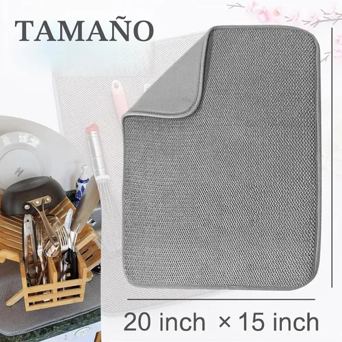 Vista 2 de Paquete de 2 alfombrillas de microfibra para secar platos, escurridor de platos absorbente para encimera de cocina, almohadillas de secado de platos