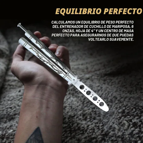 Vista 5 de Vornnex, cuchillo mariposa de práctica, hoja desafilada de acero inoxidable para entrenamiento, dragón negro (plateado)