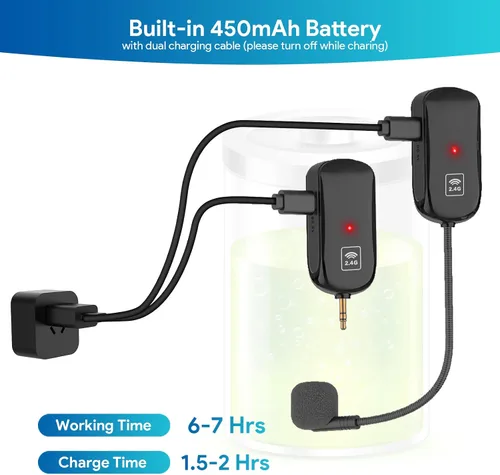 Vista 4 de 1Mii Auriculares de micrófono inalámbrico, micrófono de auriculares inalámbricos 2.4G y micrófono de mano 2 en 1, rango de 165 pies, enchufe de 1/8
