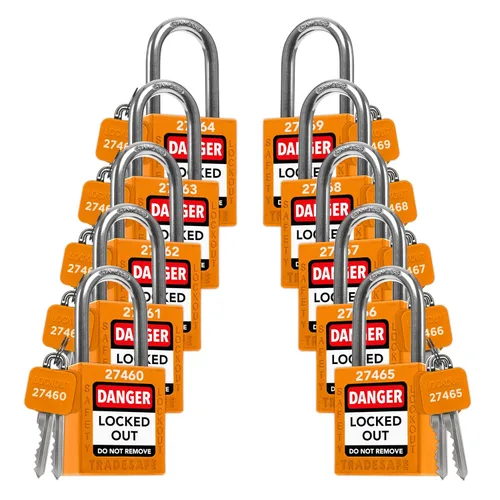 Vista 27 de TRADESAFE Juego de cerraduras de bloqueo - 7 cerraduras de loto rojas, cerraduras de bloqueo con llave diferente, 1 llave por cerradura, candados