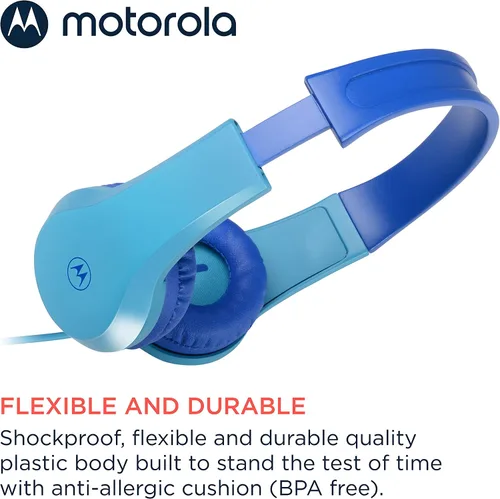 Vista 3 de Motorola Sound JR200 - Auriculares para Niños con Cable - Limitación de volumen 85 dB con Divisor de Audio - Libre de BPA - A partir de 3 años - Azul