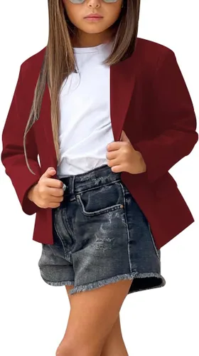 Vista 2 de Chaqueta de traje de solapa de color sólido para niñas, chaqueta larga con botones