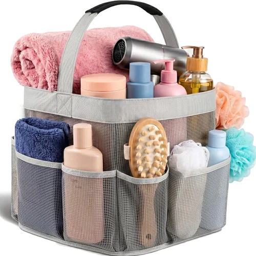 Vista 9 de Masirs – Organizador de ducha de malla con 9 bolsillos, bolsa portátil para baño para viajes, gimnasio y dormitorio - Bolsa de ducha pequeña