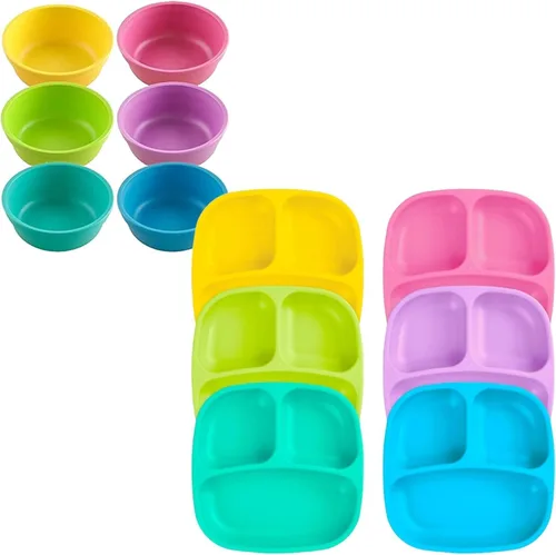 Vista 14 de Re-Play Juego de vajilla para niños pequeños, 3 platos divididos, 3 cuencos para aperitivos y 3 juegos de tenedores y cucharas, vajilla para niños