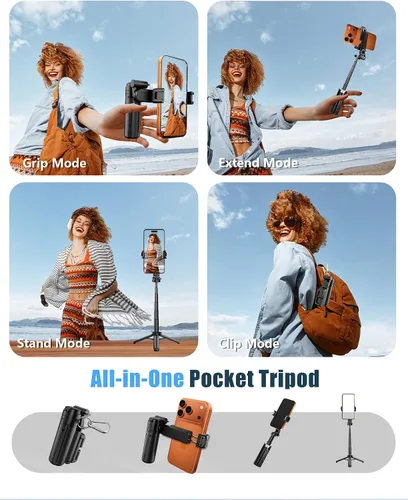 Vista 2 de Trípode de bolsillo para teléfono, trípode portátil 3 en 1 para selfie stick con control remoto, rotación de 360°, soporte de trípode para teléfono