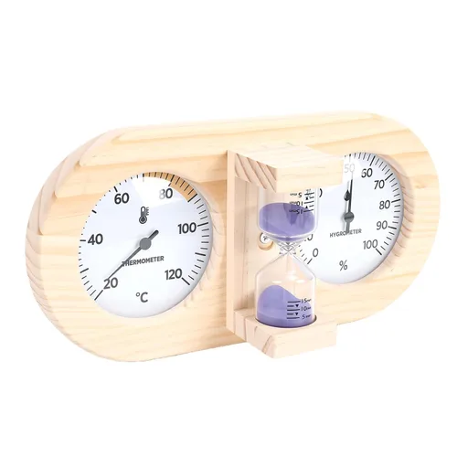 Vista 5 de Haofy Wooden Sauna Thermometer Hygrometer, Dual Dial Design with Sand Timer Function for Home and Commercial Sauna Rooms