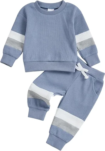 Vista 23 de Kuriozud Conjunto de 2 piezas de sudadera con cuello redondo y pantalones deportivos para niños pequeños para otoño e invierno