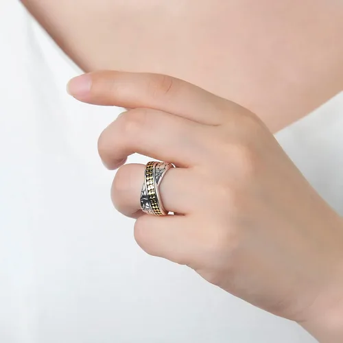 Vista 4 de UNY JEWEL Jewelry Dots X Criss Cross Anillo de dos tonos inspirado en el diseñador único para mujer, regalo de San Valentín y Navidad