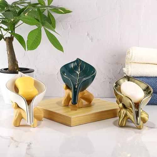 Vista 8 de JUXYES Jabonera de cerámica autodrenante, jabonera única en forma de hoja, bandeja decorativa para jabonera de mesa, ahorrador de jabón para bañera
