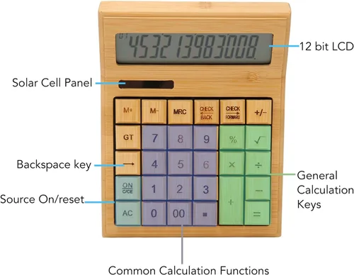 Vista 5 de Zopsc Calculadora de bambú, calculadoras solares de madera con pantalla LCD digital de 12 bits, calculadoras de escritorio de función estándar