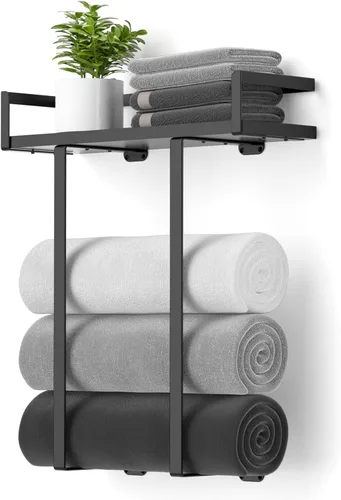 Vista 14 de Xstydes Toalleros para baño, toallero de metal con cesta de almacenamiento, toallero de pared para toallas enrolladas, almacenamiento de toallas