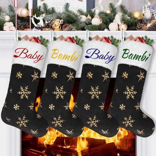 Vista 12 de 1 paquete de medias de Navidad personalizadas con nombres, 22 pulgadas, bordado personalizado, de piel sintética, negro y azul, con copos de nieve