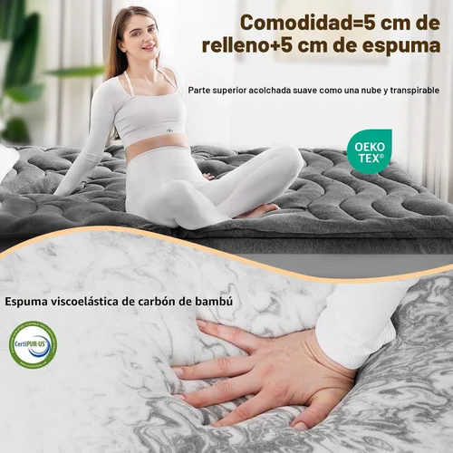 Vista 4 de HOMRELEXA Cubrecolchón de espuma viscoelástica de bambú de doble capa de 4 pulgadas, tamaño individual, funda de almohada acolchada suave de 2