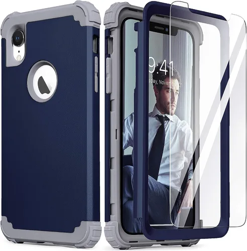 Vista 16 de IDweel Funda para iPhone XR, funda para iPhone XR con protector de pantalla de vidrio templado, 3 en 1, a prueba de golpes, delgada, híbrida, Negro