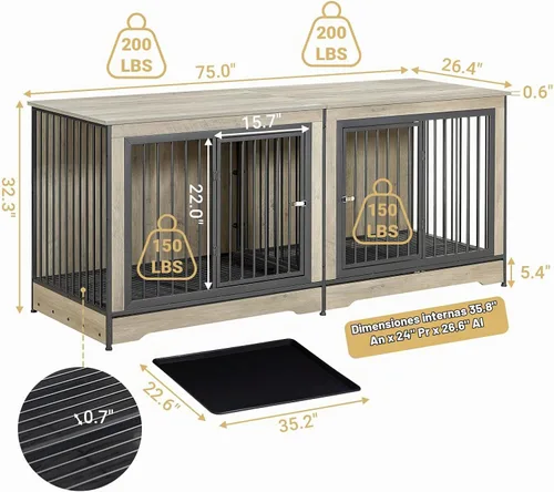 Vista 7 de Rovibek Mueble doble para perros de 75 pulgadas para 2 perros grandes, muebles resistentes, estilo jaulas para perros, mesa auxiliar, jaulas
