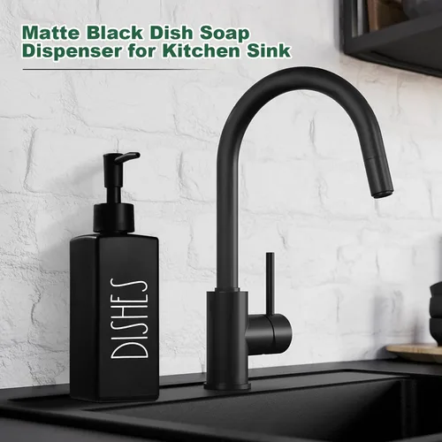 Vista 5 de Dispensador de jabón para platos, dispensador de jabón negro mate para cocina, dispensador de platos de vidrio con bomba, dispensador de botellas