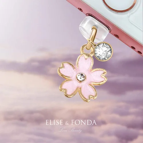 Vista 2 de ELISE & FONDA CP159 Puerto de carga USB Anti polvo Plug Little Cherry Blossom Colgante Colgante Teléfono Charm para iPhone 11/XS MAX/XR/X/8