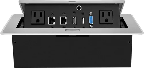 Vista 7 de Table Pop Up Power Date Center Caja de conexión para conferencias, color negro 2 tomacorrientes, 2 redes, HDMI, VGA, para espacios de trabajo