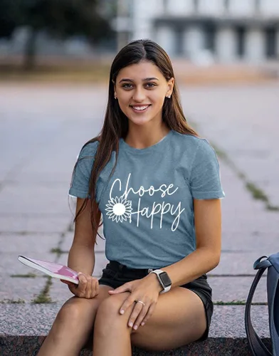 Vista 3 de Camisetas gráficas para mujer, camisetas con estampado de letras felices, girasol, camiseta inspiradora de manga corta casual