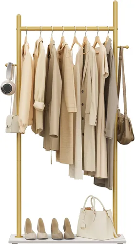 Vista 9 de Nianerfaya Perchero con 2 ganchos, almacenamiento de ropa de pie para interiores, perchero para colgar ropa para dormitorio, perchero de metal