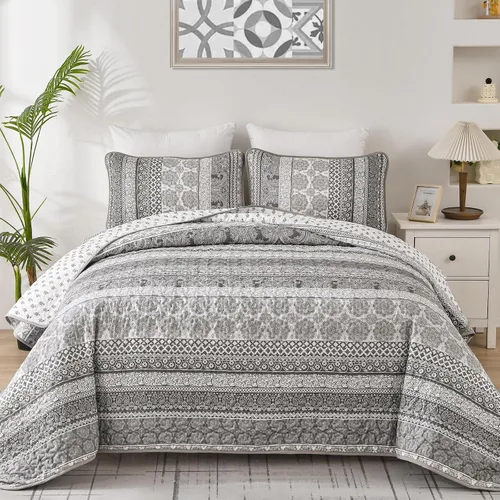 Vista 26 de WONGS BEDDING Juego de Edredón Boho Tamaño Full, Juego de Edredones Bohemios Grises de 3 Piezas, Juego de Ropa de Cama Cubrecama de Microfibra Negro