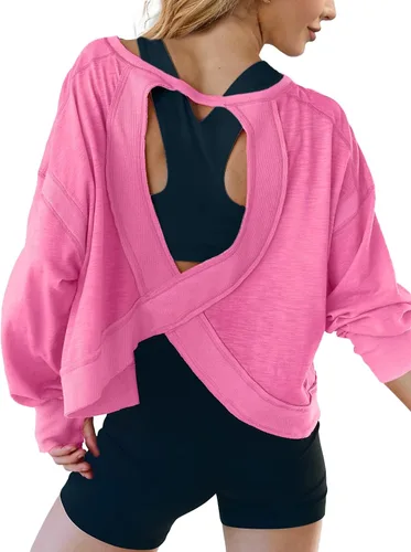 Vista 3 de UNIANKIYA Camisetas deportivas de bajo impacto con espalda abierta para mujer, de manga larga, recortadas, para gimnasio, correr, yoga, deportes