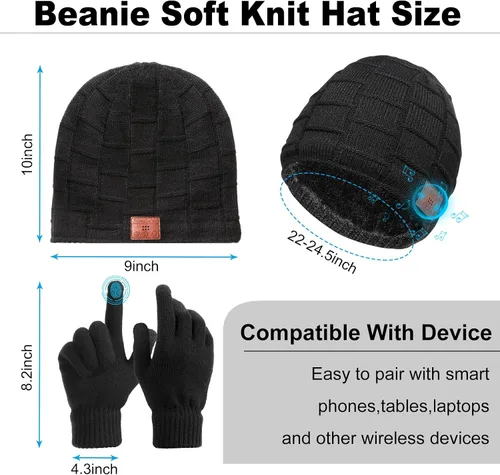 Vista 2 de Honoson El juego de gorros Bluetooth incluye 2 gorros inalámbricos con Bluetooth, guantes para pantalla táctil (negro, clásico)